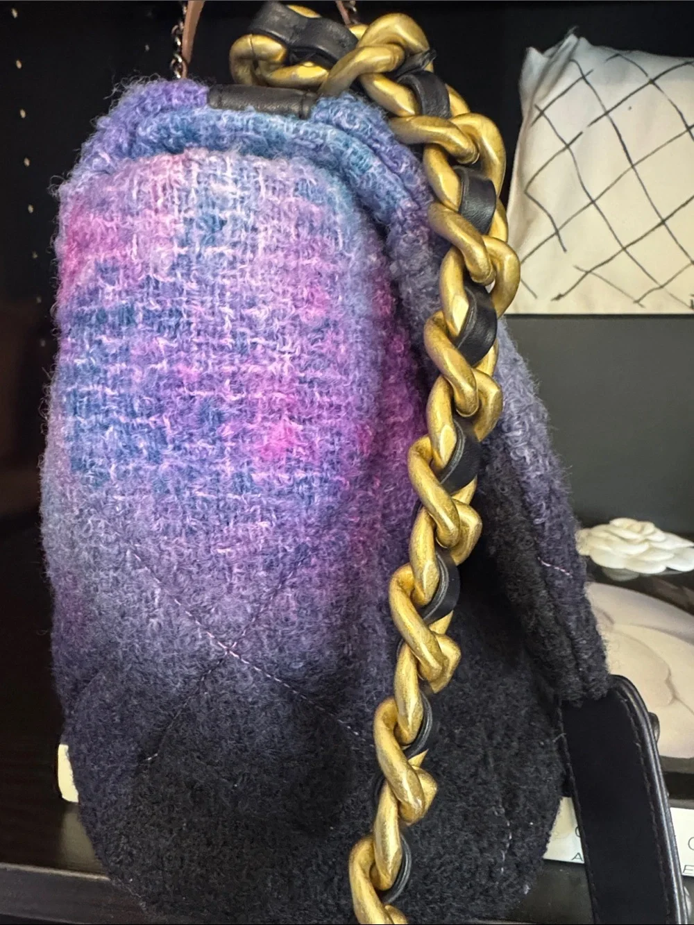 CHANEL 19 unique  Multicolor Gradient Wool Shoulder Bag with Gold & Silver Chain